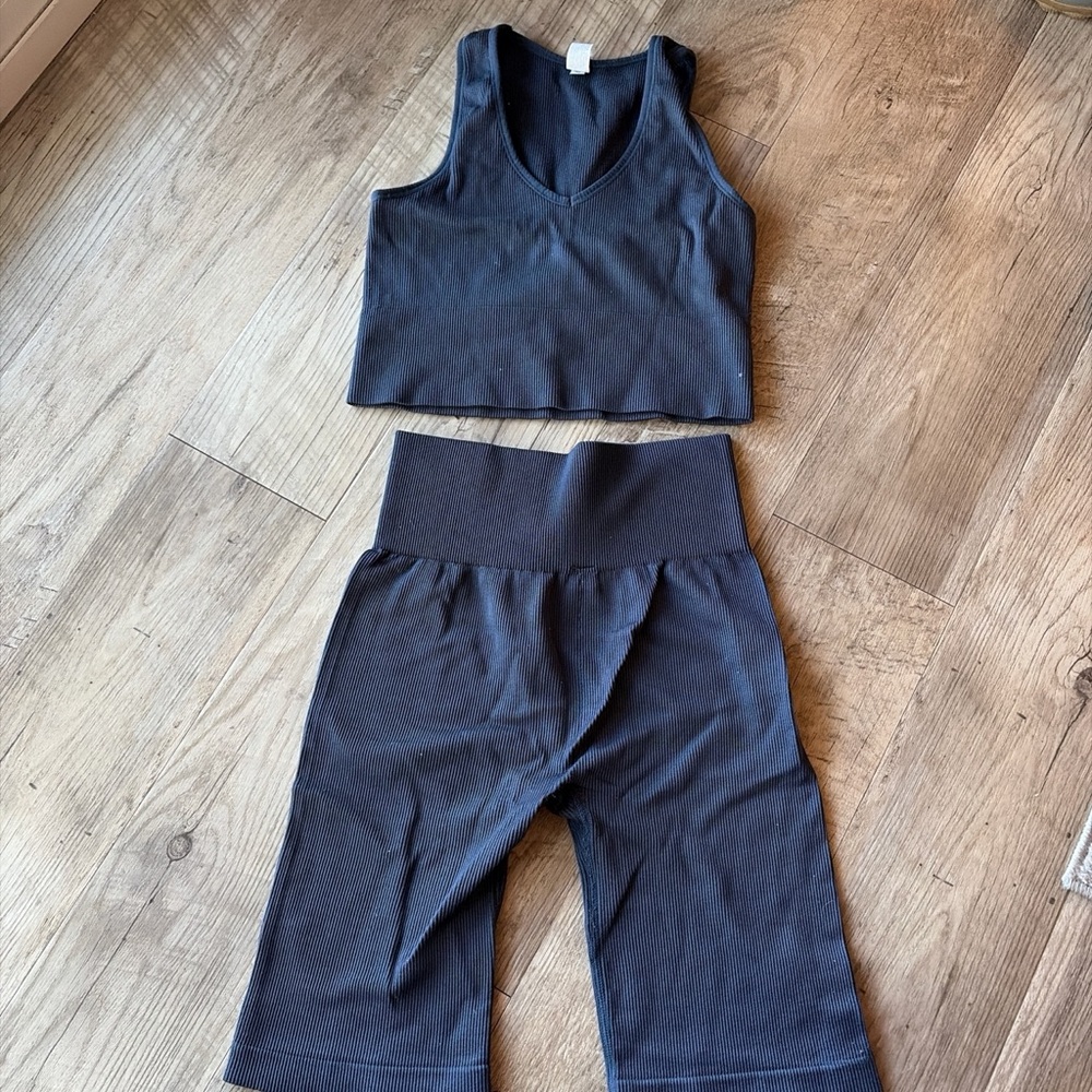 Navy Ribbed Tank and Biker Short Set